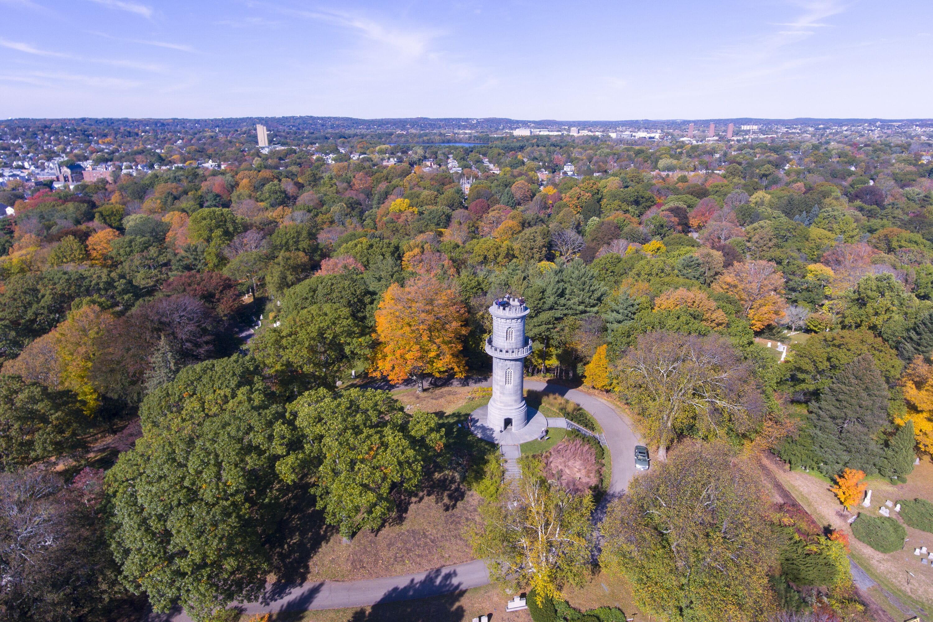 Washington Tower in Mount Auburn Cemetery in fall, Watertown, Greater Boston Area, Massachusetts, USA.