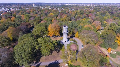 Washington Tower in Mount Auburn Cemetery in fall, Watertown, Greater Boston Area, Massachusetts, USA.
