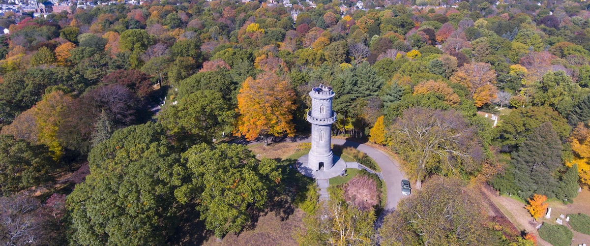Washington Tower in Mount Auburn Cemetery in fall, Watertown, Greater Boston Area, Massachusetts, USA.