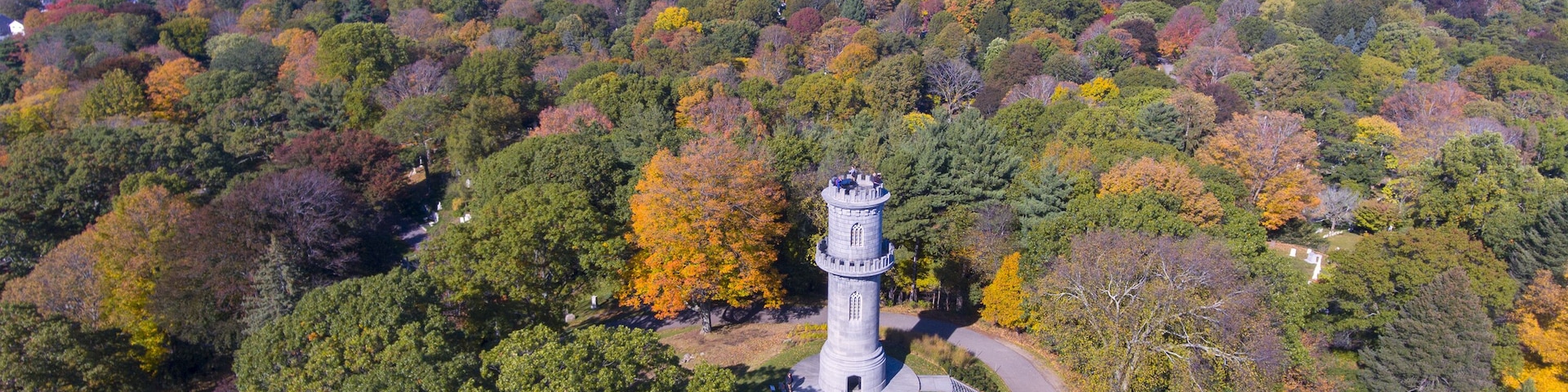 Washington Tower in Mount Auburn Cemetery in fall, Watertown, Greater Boston Area, Massachusetts, USA.
