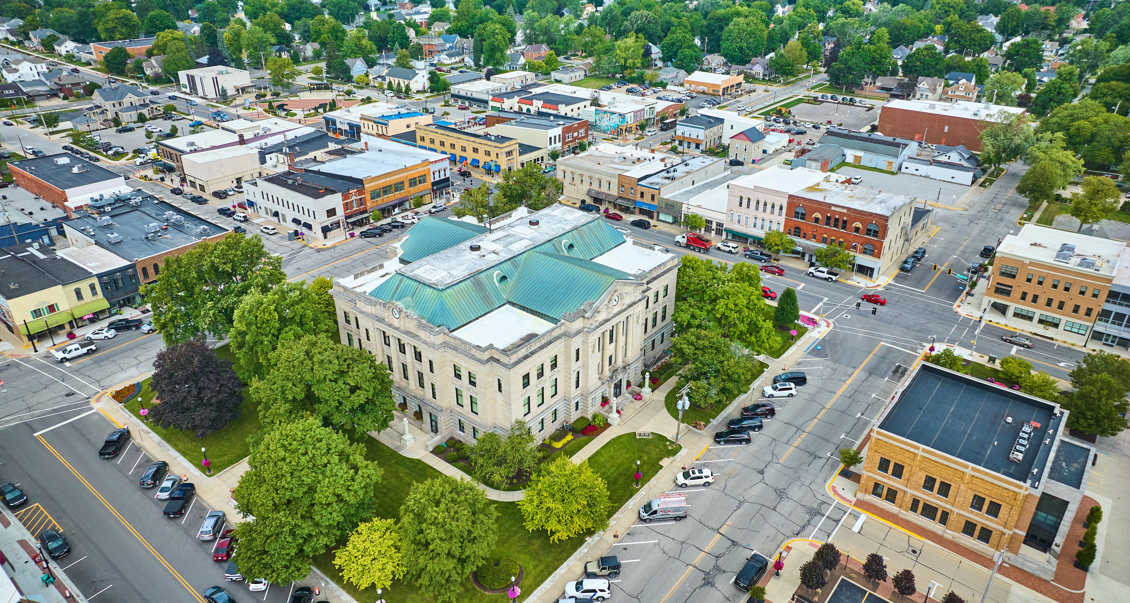 Aerial Auburn Indiana with focus on downtown courthouse