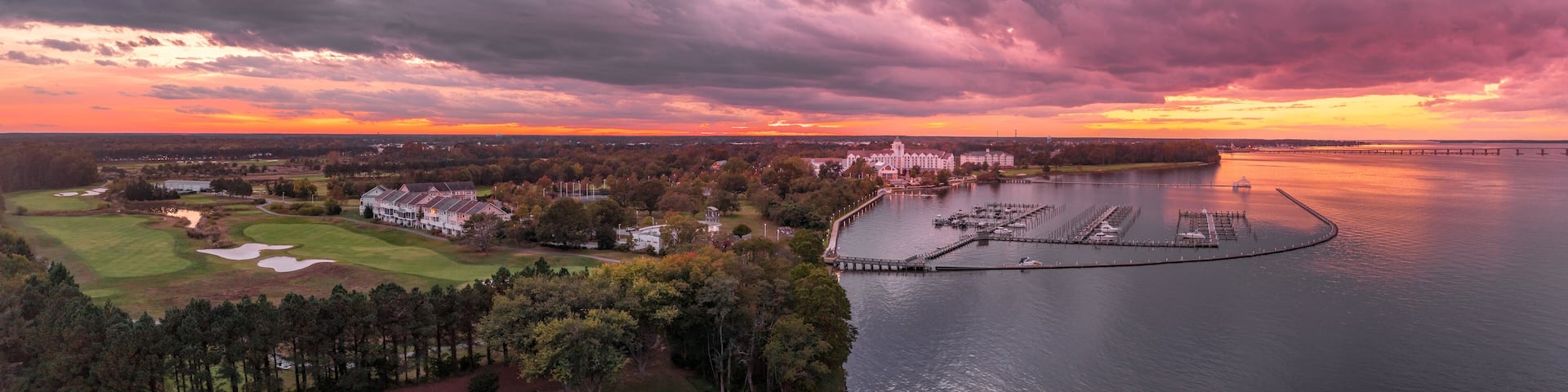 Colorful sunset over riverside resort in Cambridge Maryland USA