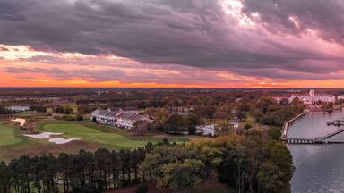 Colorful sunset over riverside resort in Cambridge Maryland USA