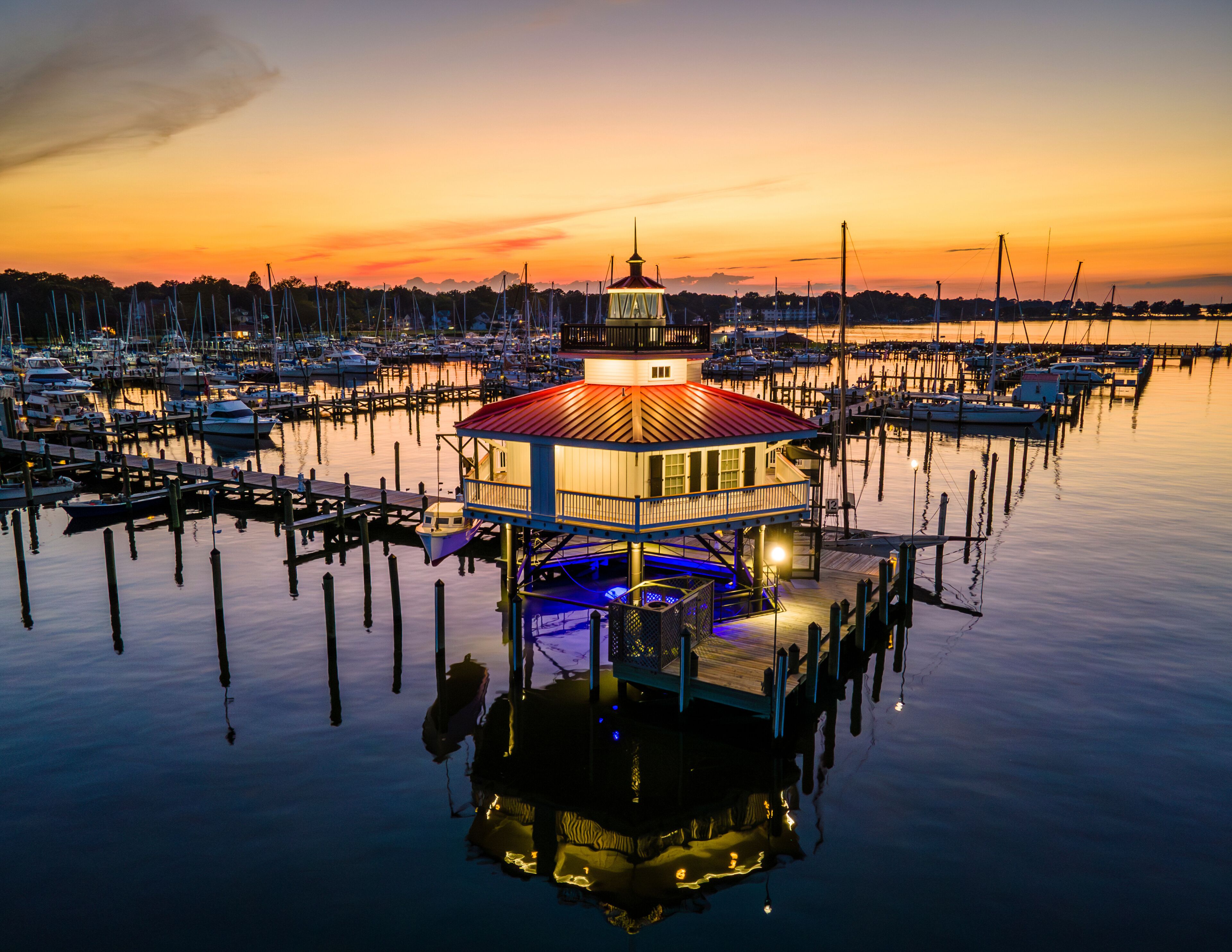 Aerial view of the Choptank River Lighthouse right after sunset n Cambridge, Maryland, United States.