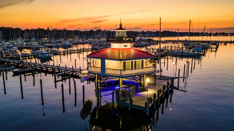 Aerial view of the Choptank River Lighthouse right after sunset n Cambridge, Maryland, United States.