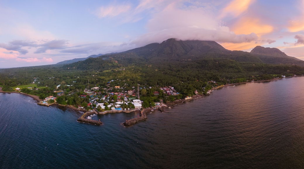Aerial panoramic view of coastline at sunset, Camiguin Island, Philippines