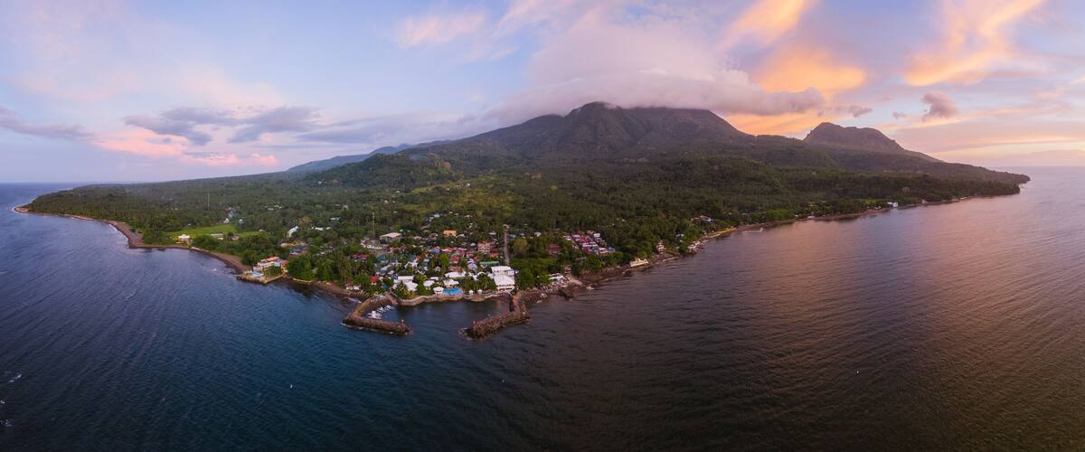 Aerial panoramic view of coastline at sunset, Camiguin Island, Philippines