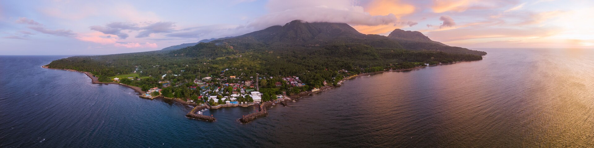 Aerial panoramic view of coastline at sunset, Camiguin Island, Philippines