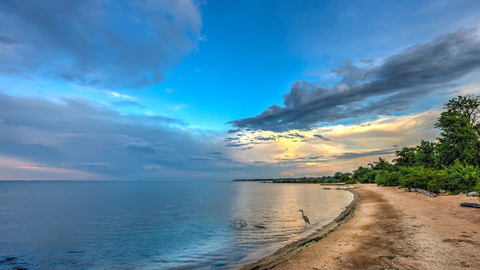 A beach with a clear sky, calm sea, and a distant shoreline.