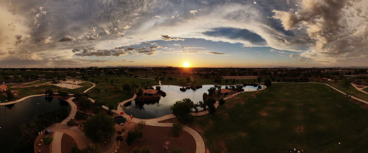 Panoramic aerial image over Discovery Park in the Town of Gilbert, Arizona.
