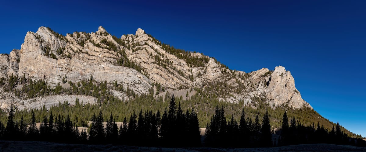 A rugged mountain with a forested base and a clear blue sky.