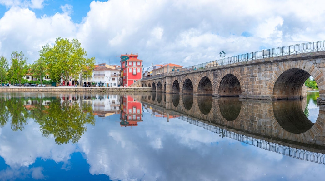 Ponte de Trajano reflected on Tamega river in Chaves, Portugal
