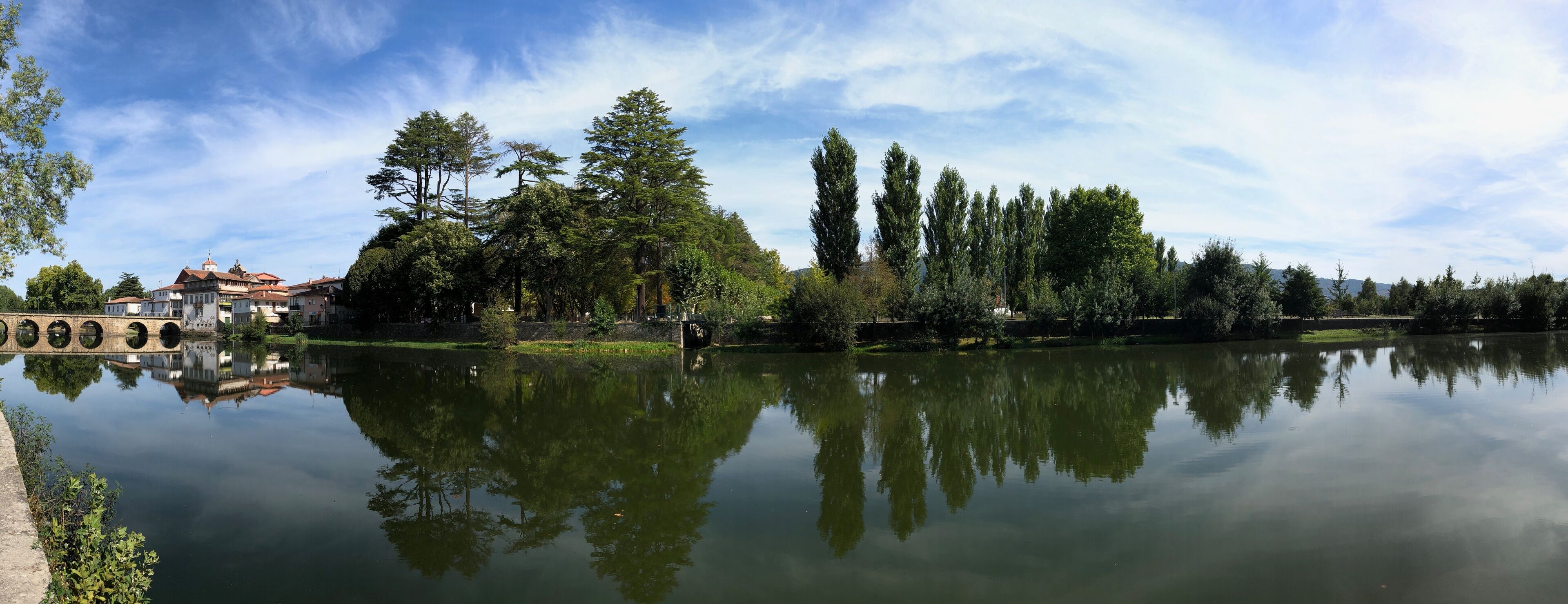 Panoramic view of Roman Bridge along Tamega River in Chaves, Portugal 