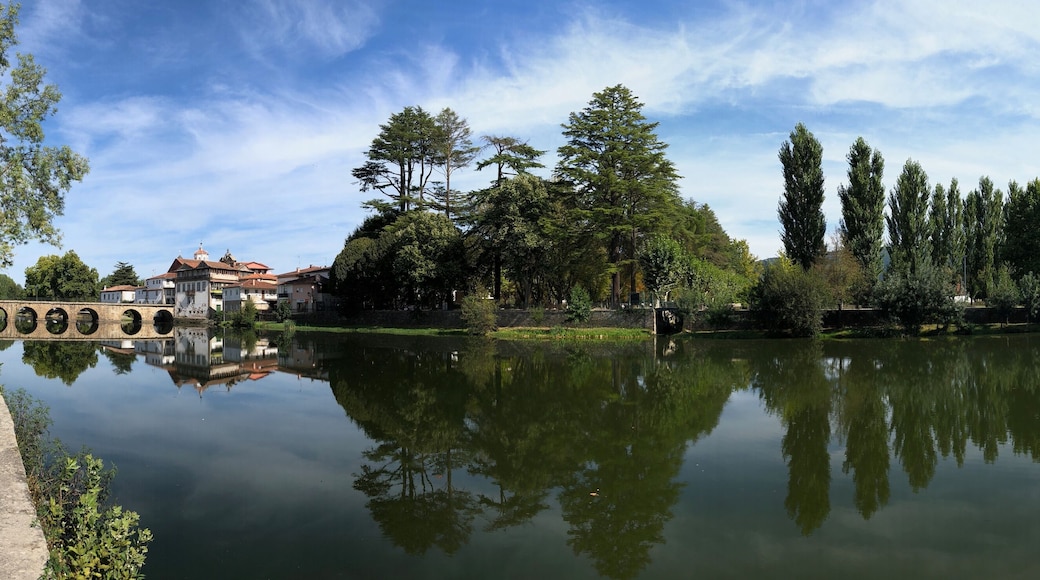 Panoramic view of Roman Bridge along Tamega River in Chaves, Portugal