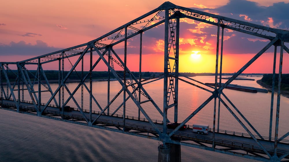 Cairo Ohio River Bridge traversing over the Ohio River at sunset
