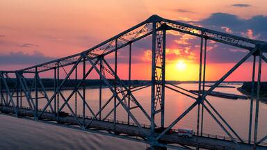 Cairo Ohio River Bridge traversing over the Ohio River at sunset