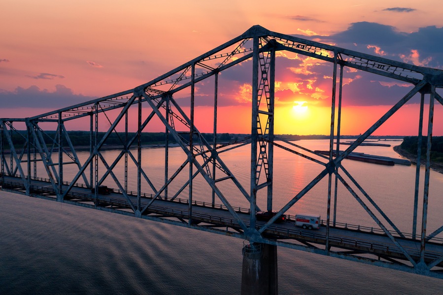Cairo Ohio River Bridge traversing over the Ohio River at sunset