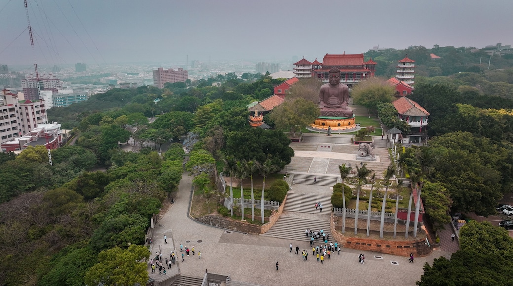 View of the large Buddha statue amidst lush greenery in Changhua, Taiwan on a cloudy day