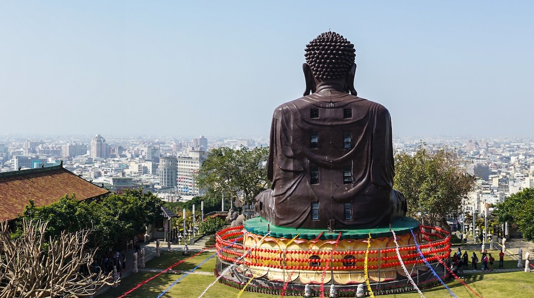 Changhua cityscape panorama view with the back of Baguashan great Buddha statue in Taiwan