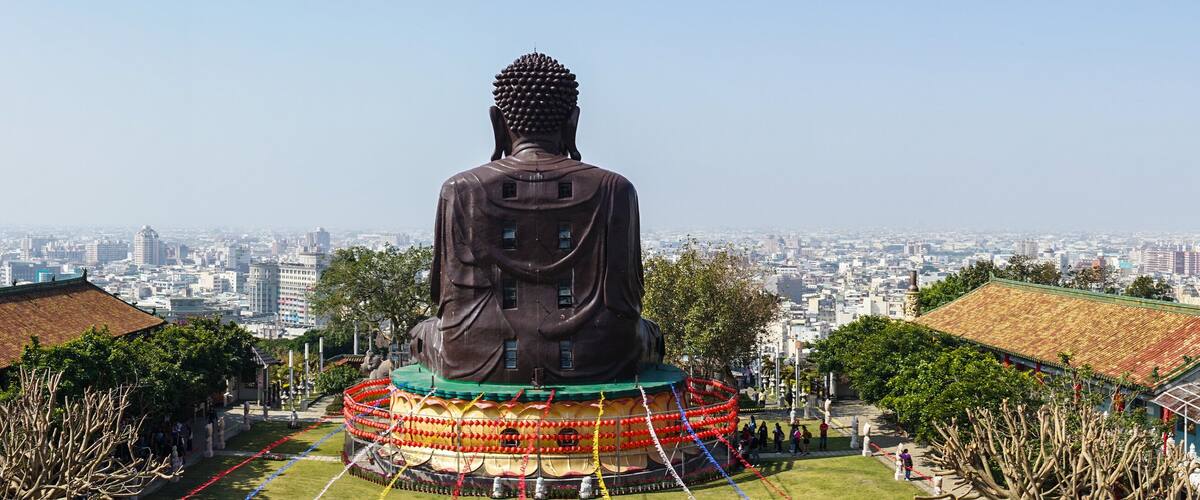 Changhua cityscape panorama view with the back of Baguashan great Buddha statue in Taiwan