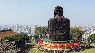 Changhua cityscape panorama view with the back of Baguashan great Buddha statue in Taiwan