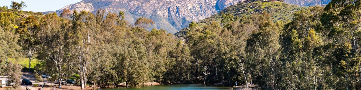 El Cajon Mountain (El Capitan) and Lake Jennings in Lakeside, California, a popular destination for boating and fishing.