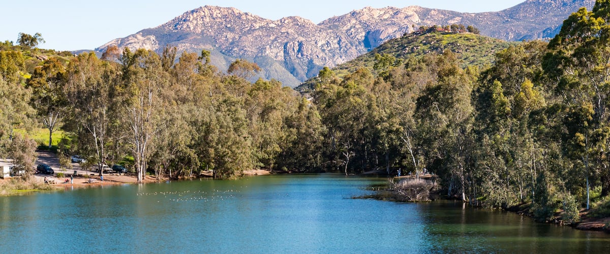 El Cajon Mountain (El Capitan) and Lake Jennings in Lakeside, California, a popular destination for boating and fishing.