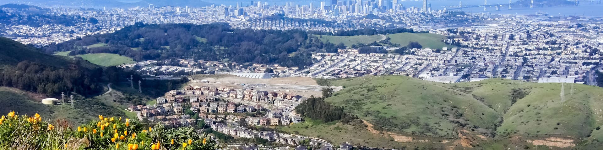 San Francisco Panoramic Views as seen from San Bruno Mountain Top. San Bruno Mountain State Park, San Mateo County, California, USA.