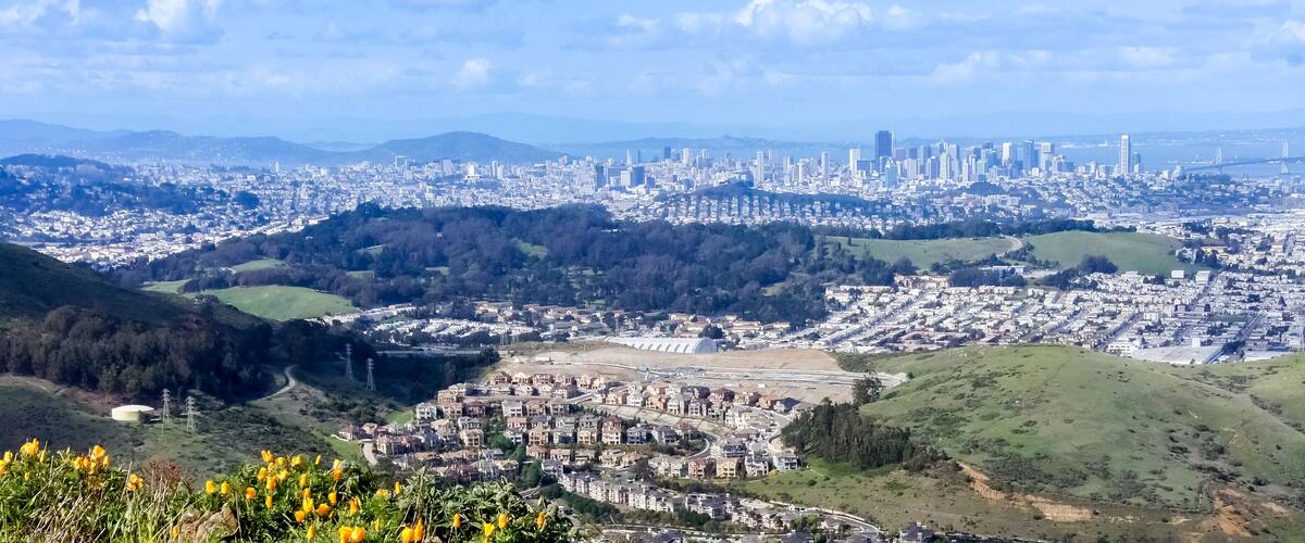 San Francisco Panoramic Views as seen from San Bruno Mountain Top. San Bruno Mountain State Park, San Mateo County, California, USA.