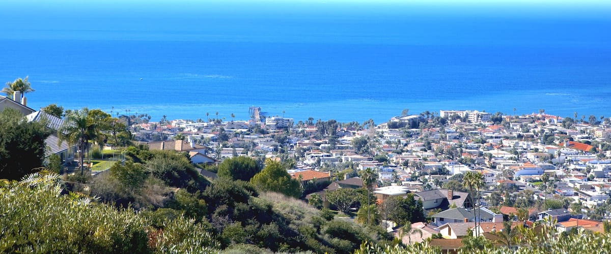 A coastal town with dense housing, palm trees, and a clear view of the ocean.