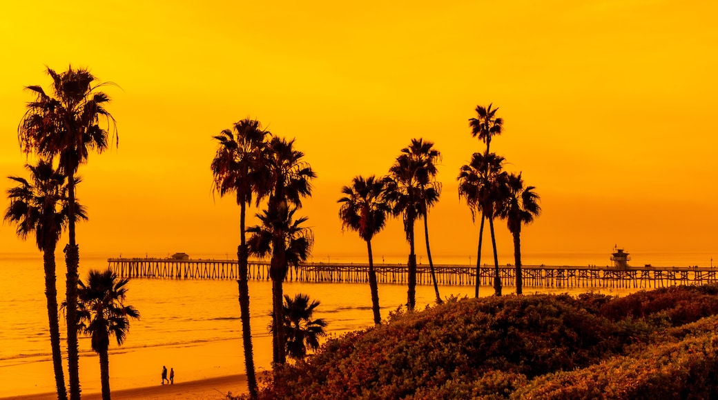 San Clemente Pier at sunset with palm tree silhouettes and golden sky along Southern California coast
