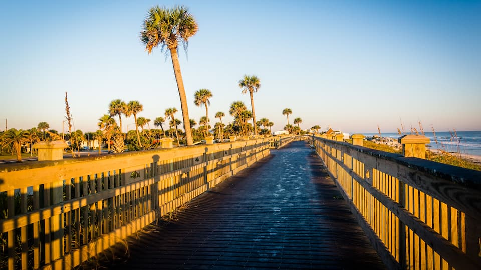 A wooden boardwalk with palm trees and a beach in the background.