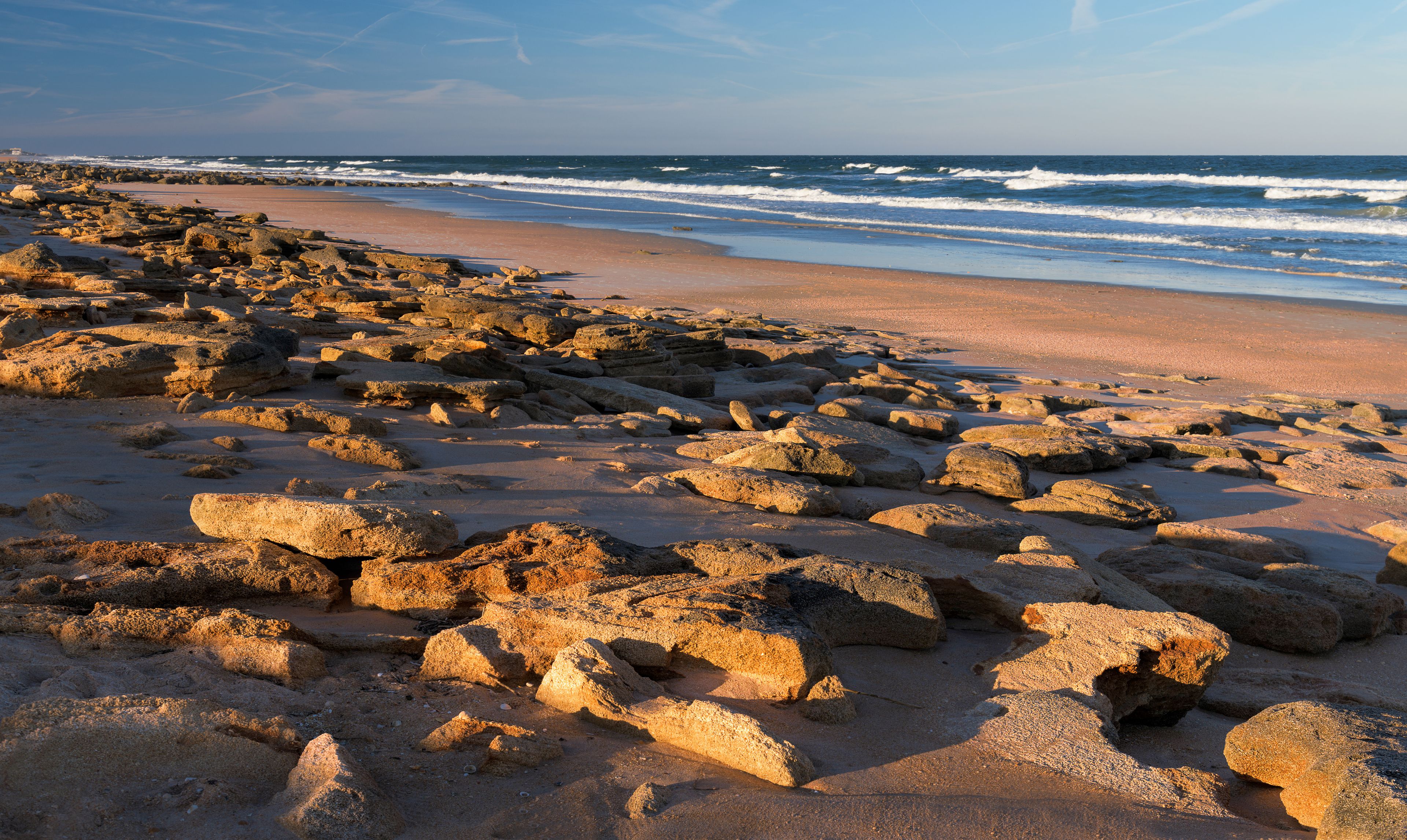 Coquina rocky outcropping on the Marineland Beach  at the River to Sea Preserve in Palm Coast, Florida