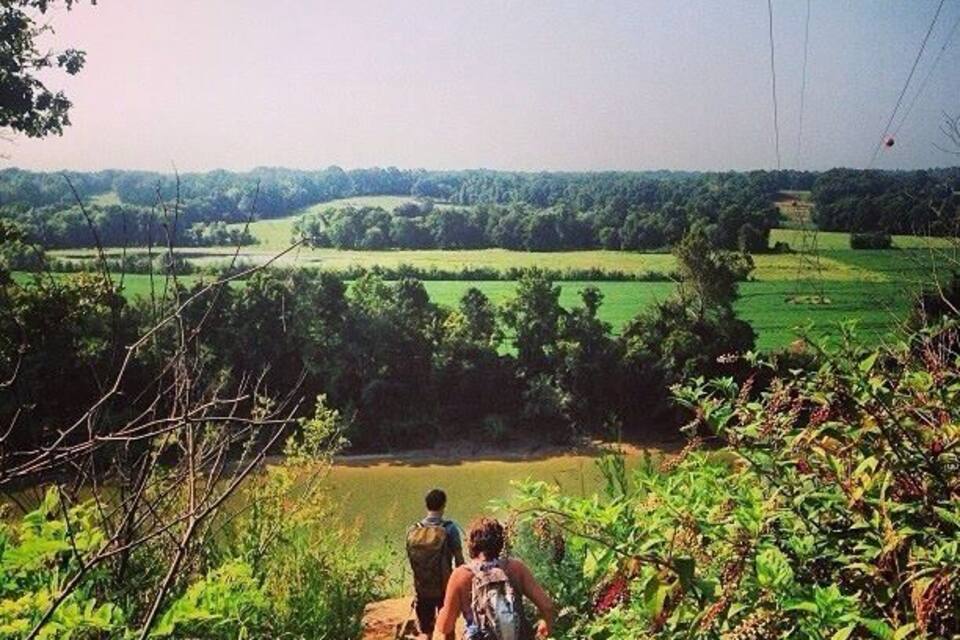 A hiking trail with lush greenery and a distant view of a water body.