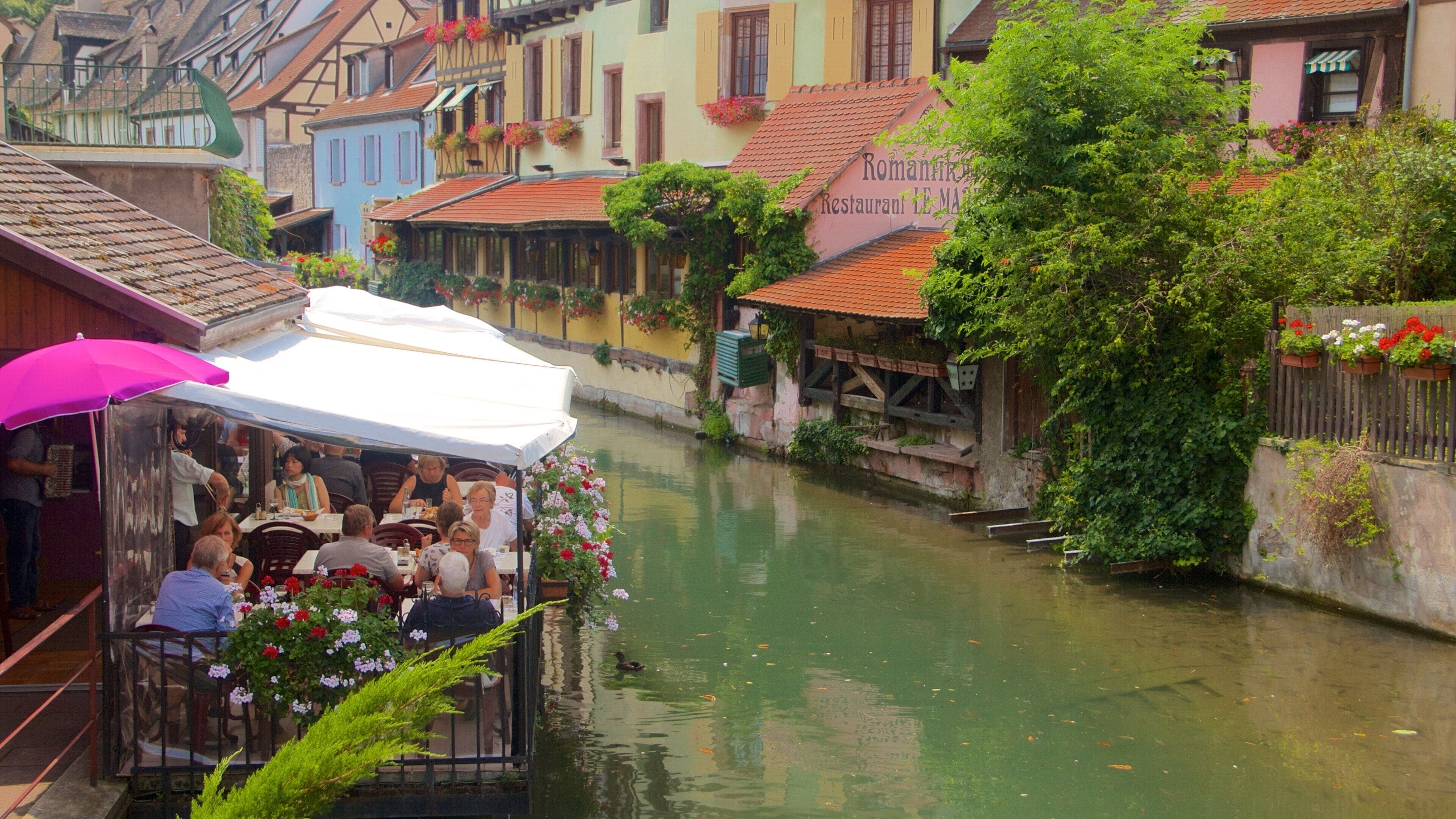 Colmar ofreciendo elementos del patrimonio, una ciudad y comer al aire libre
