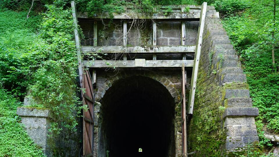 A stone tunnel with a wooden walkway above, surrounded by dense greenery.