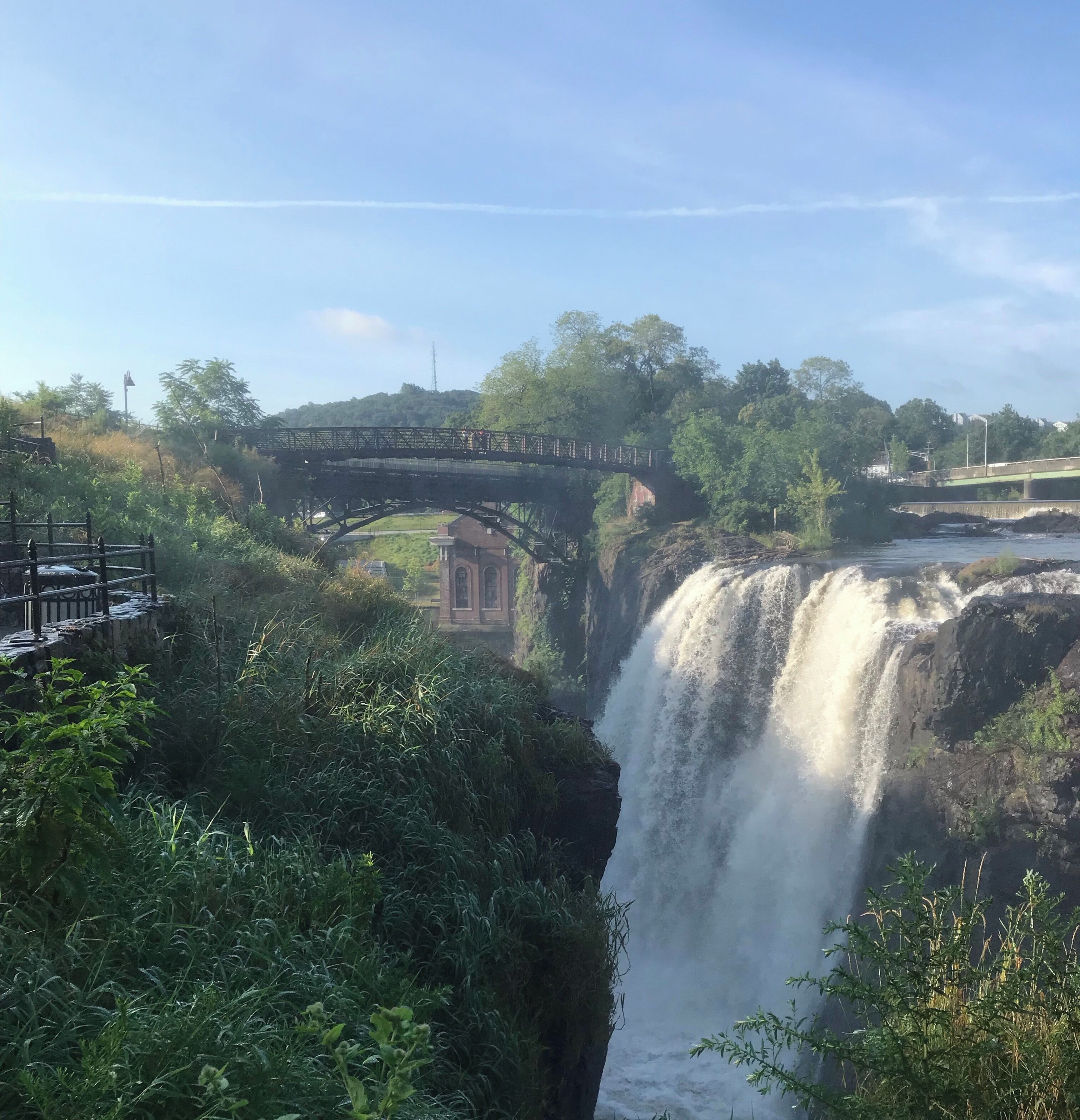 A waterfall, a bridge, and lush greenery.