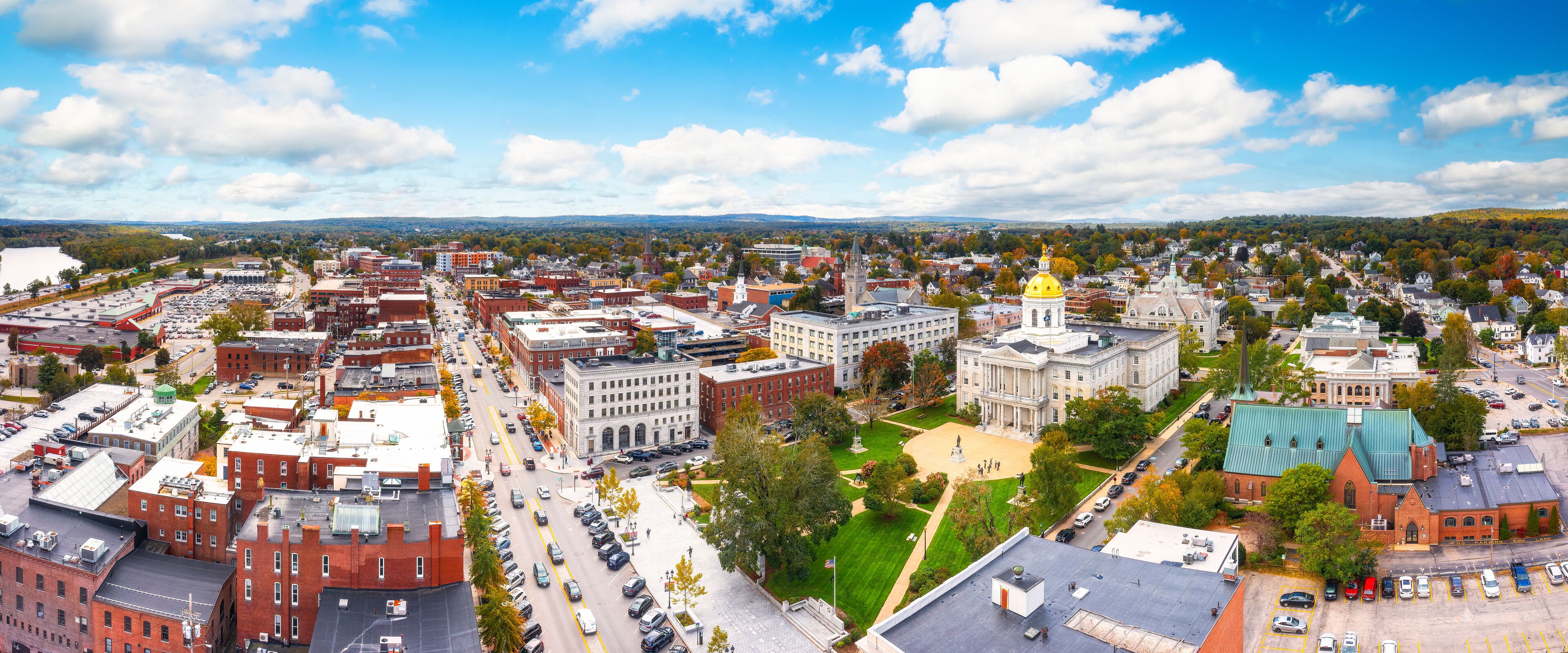 Aerial panorama of Concord and the New Hampshire State House along Main street. The capitol houses the New Hampshire General Court, Governor, and Executive Council.