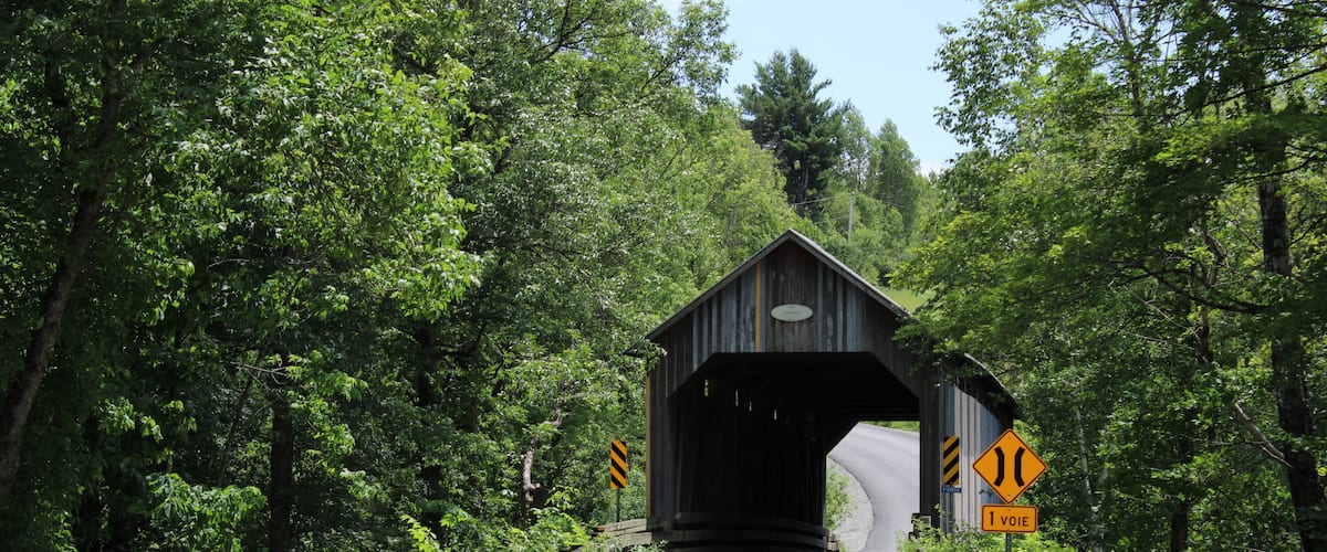 A covered bridge with a narrow road leading to it, surrounded by lush greenery.