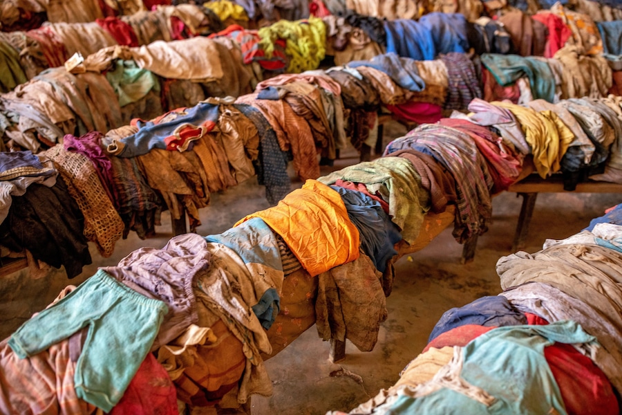Nyamata Genocide Memorial Center, Nyamata, Rwanda. Victims' clothes on church pews