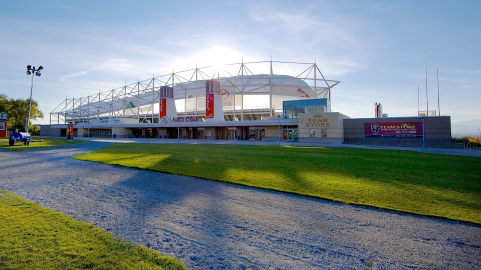 A stadium with a large roof, a team store, and a grassy field.