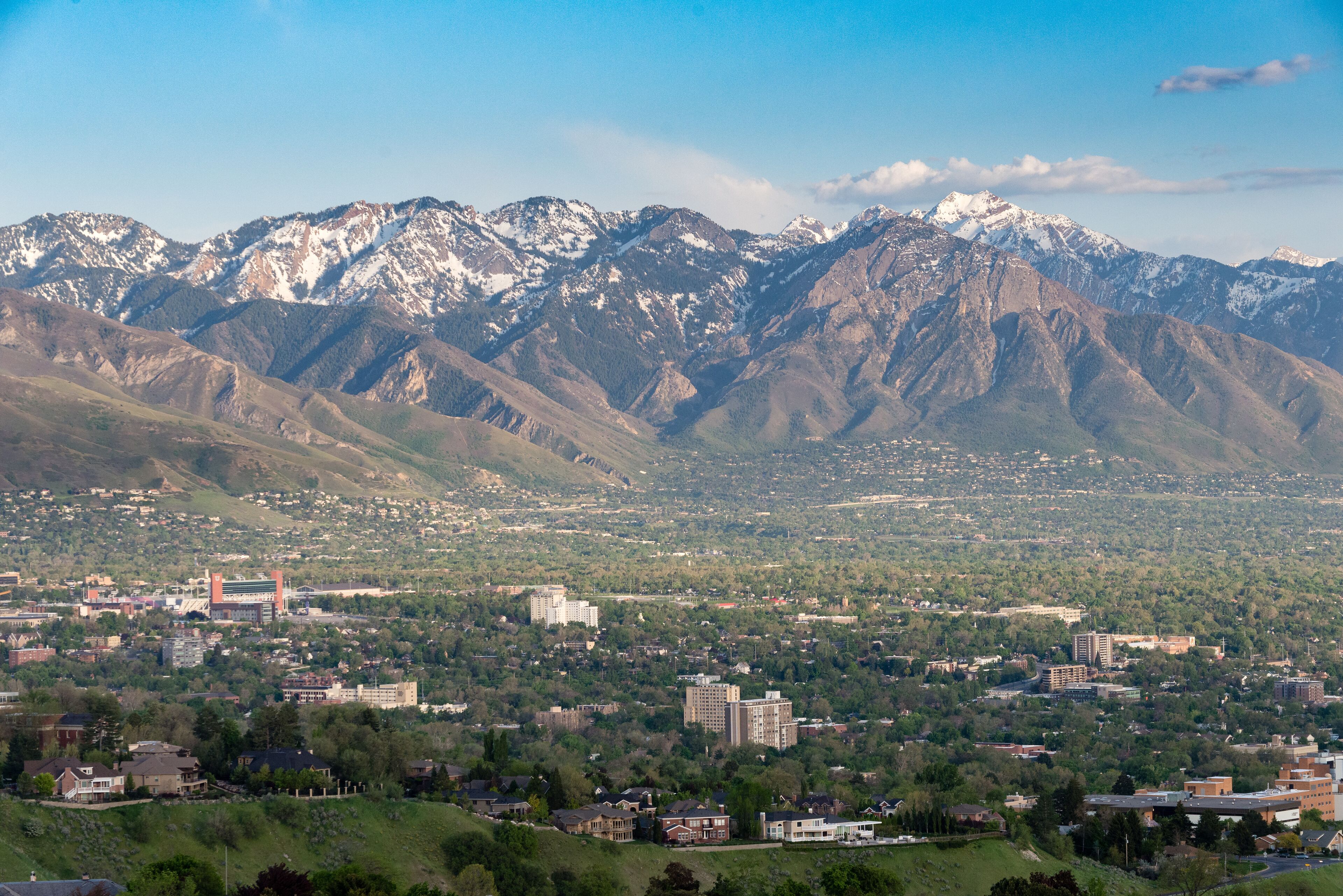 View of the snow capped mountains surrounding Salt Lake City