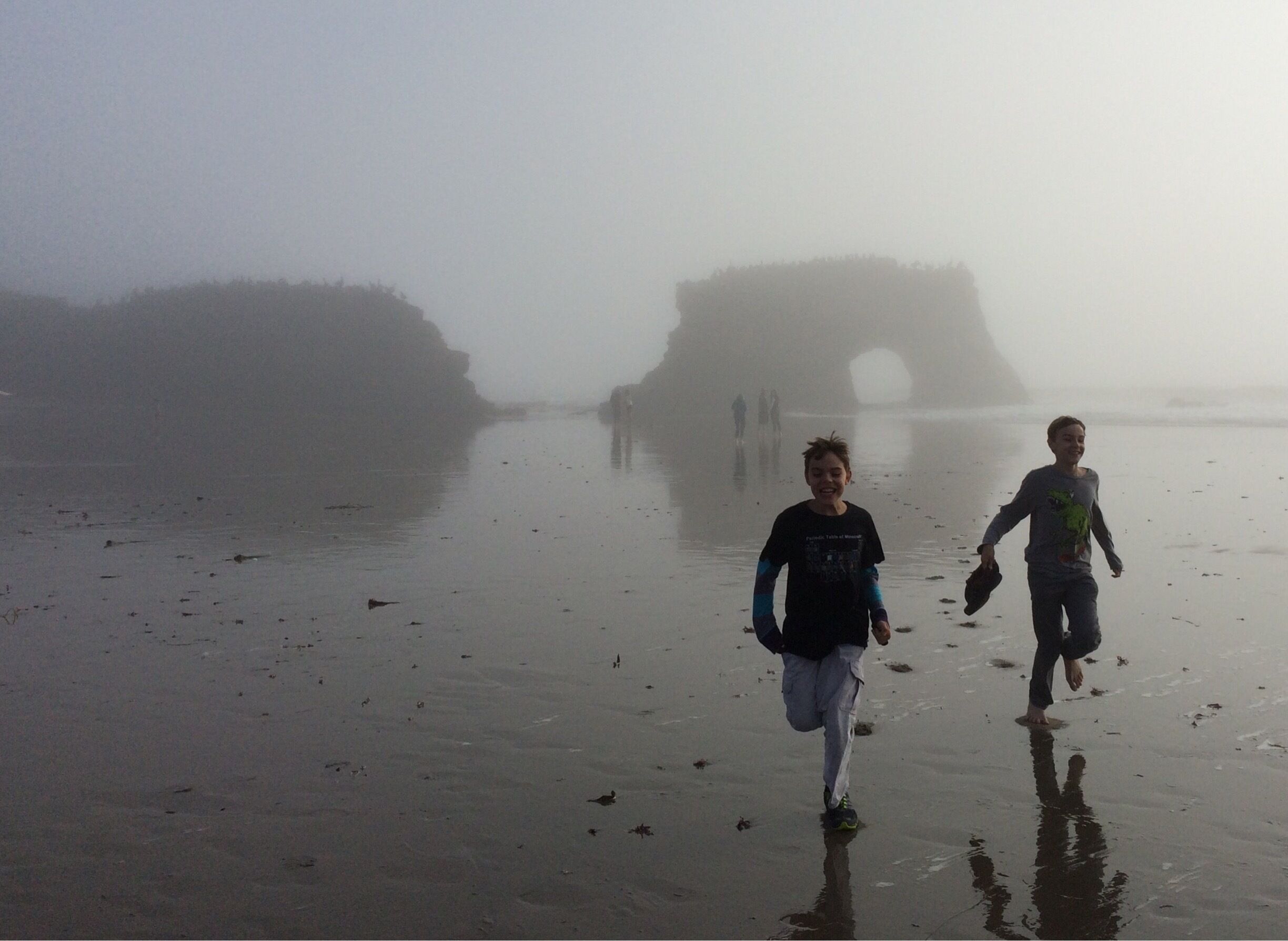 A few hours before low tide, the beach was completely foggy! We tromped all over the rocks and the kids ran into the water, completely soaking themselves! 

It finally cleared up and was a beautiful evening, but the fog had its own mystery.
#beach