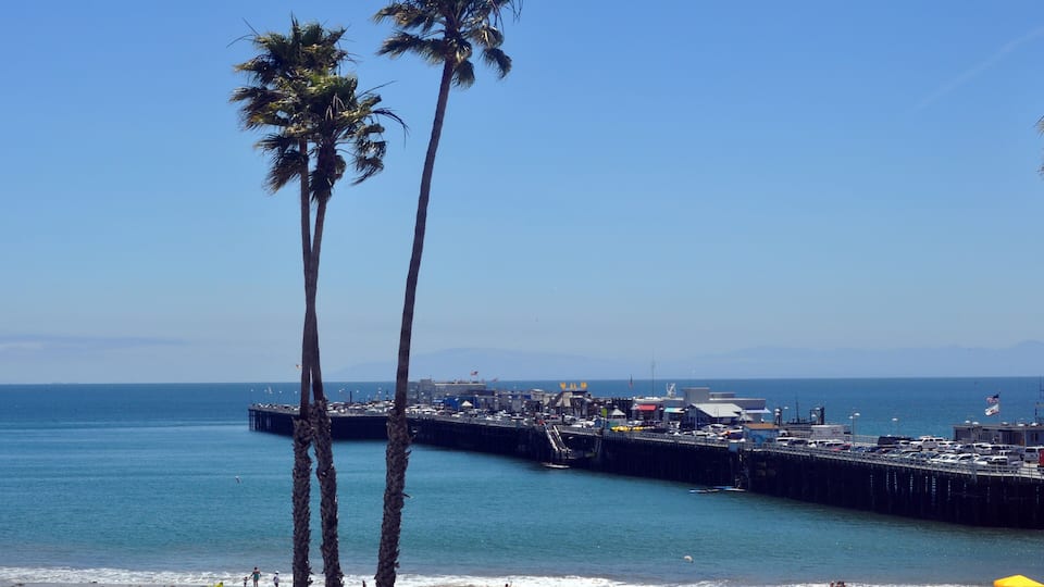A beach with palm trees, a pier, and a clear blue sky.