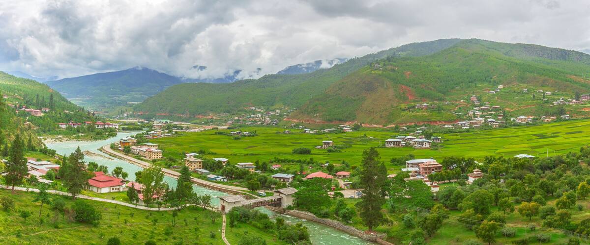 Panorama top view of Paro valley landscape, Bhutan