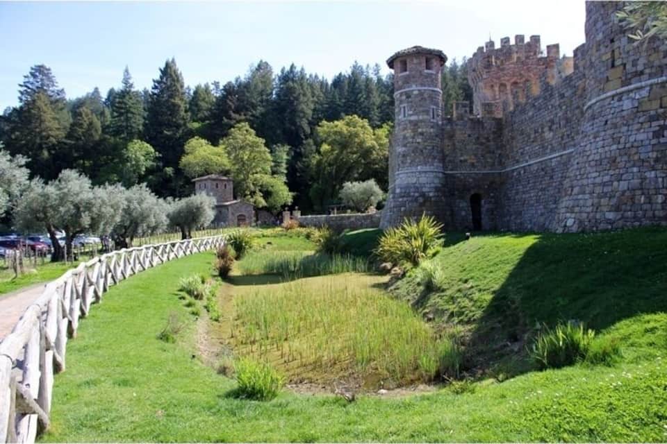 Un castell de pedra amb una torre, envoltat d'una zona verda i arbres.