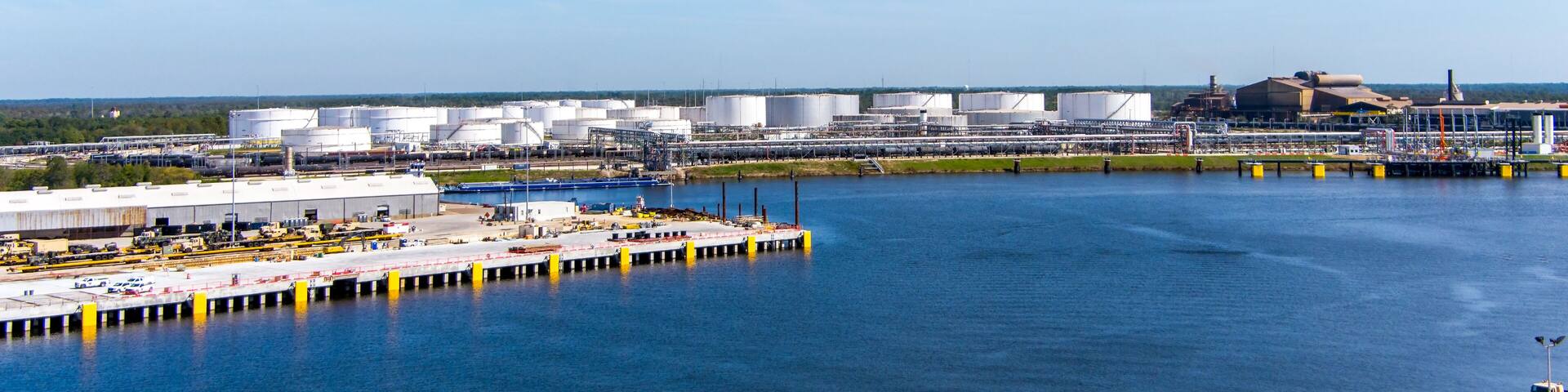 Aerial view of a Fuel Tank Storage Facility along a port in Beaumont Texas.