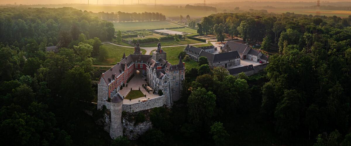 A castle surrounded by lush greenery, wind turbines in the distance, and a river.