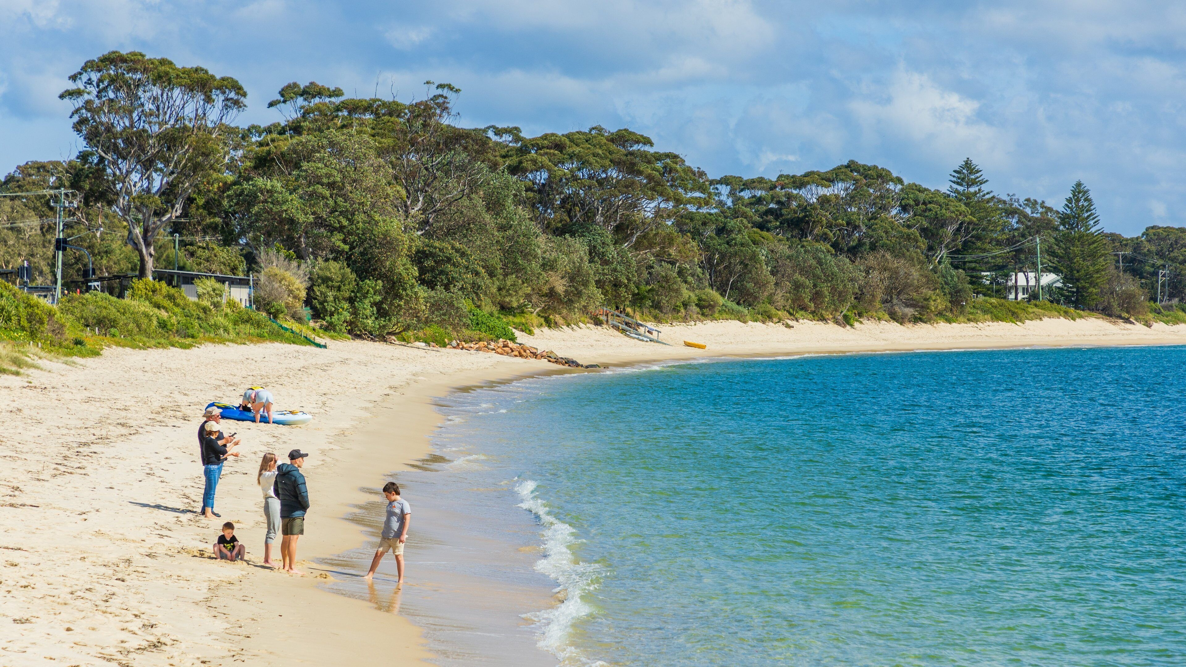 Shoal Bay Beach showing general coastal views and a beach as well as a family