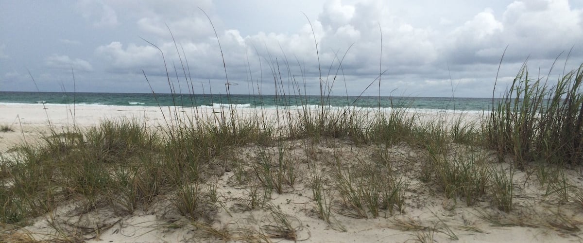 A beach with sand dunes and ocean waves under a cloudy sky.